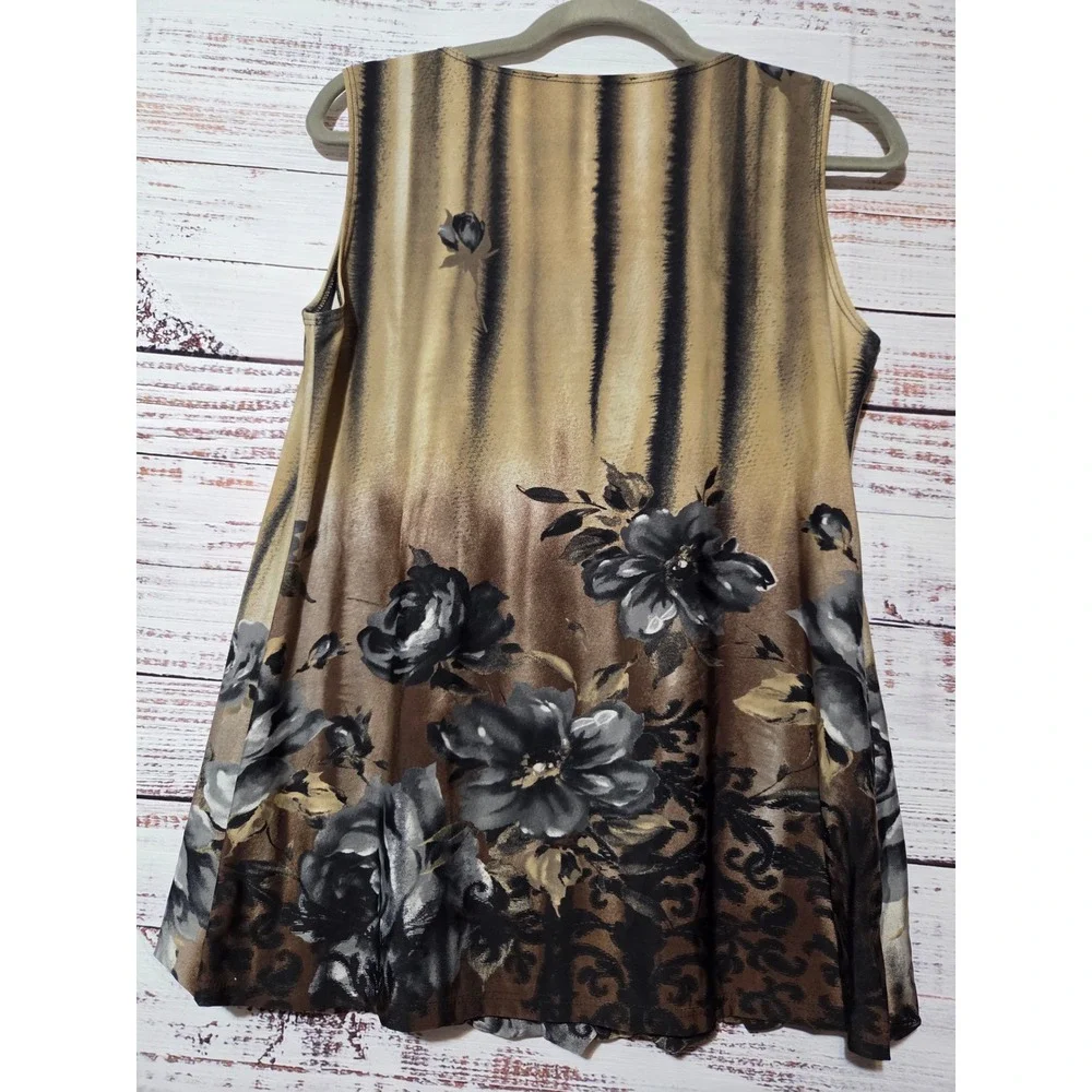Keren Hart Floral Rhinestone Bubble Hem Sleeveless Tunic Top Brown L Whimsigoth